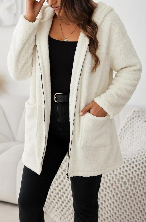 Uzun Kollu Kapşonlu Önden Fermuarlı Cepli Welsoft Ceket