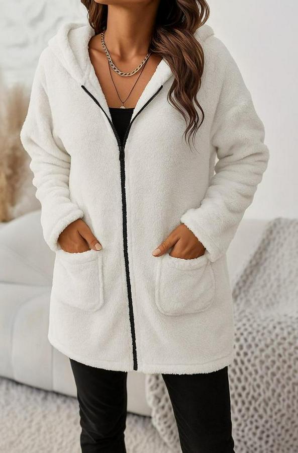 Uzun Kollu Kapşonlu Önden Fermuarlı Cepli Welsoft Ceket