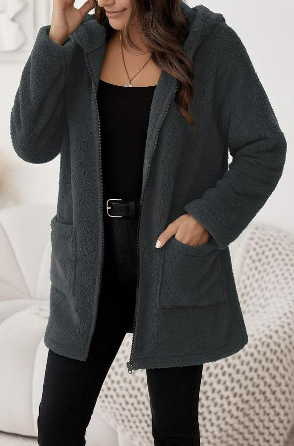 Uzun Kollu Kapşonlu Önden Fermuarlı Cepli Welsoft Ceket