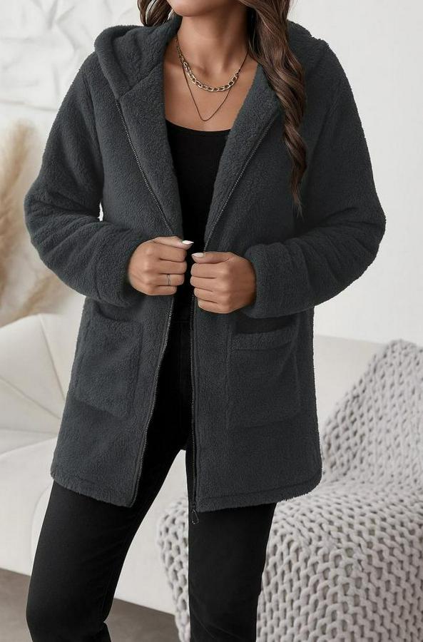 Uzun Kollu Kapşonlu Önden Fermuarlı Cepli Welsoft Ceket