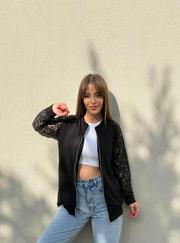 Uzun Kollu Kolları Dantel Detay Önden Fermuarlı Viskon Iki Iplik Ceket