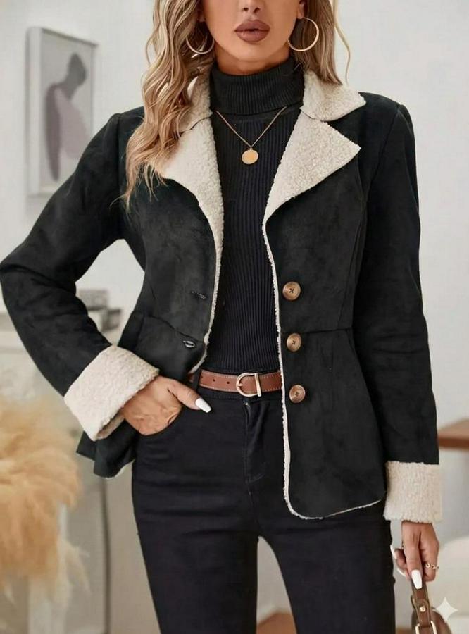Uzun Kollu Önden Düğmeli Cep Detaylı Kısa Süet Ceket