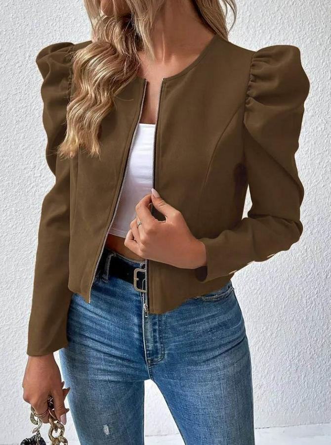 Uzun Kollu Önden Fermuarlı Balon Kol Süet Ceket