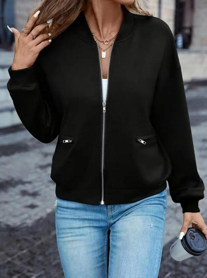 Uzun Kollu Önden Fermuarlı Cepli Modal Ceket