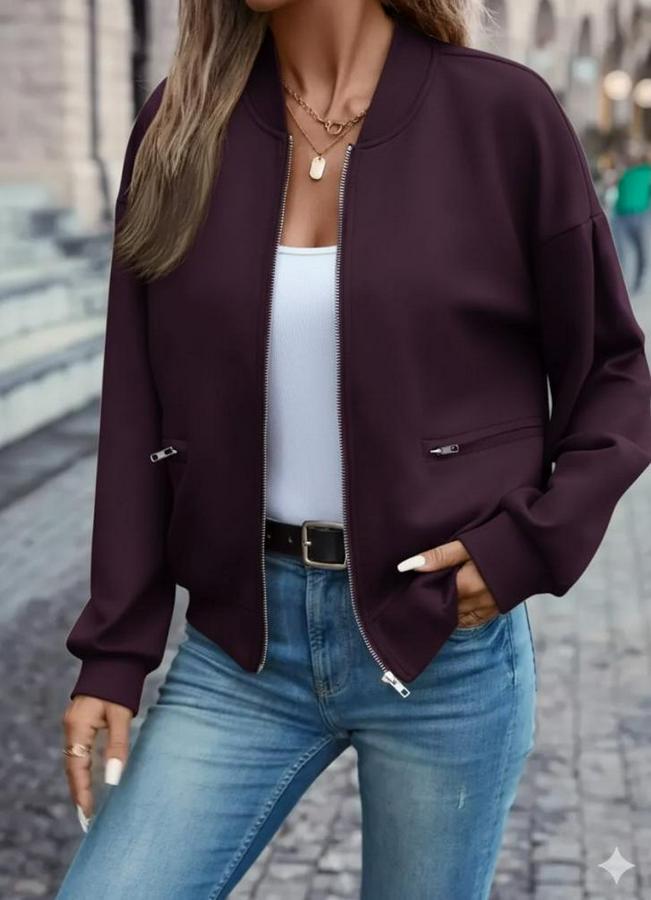 Uzun Kollu Önden Fermuarlı Cepli Modal Mürdüm Ceket