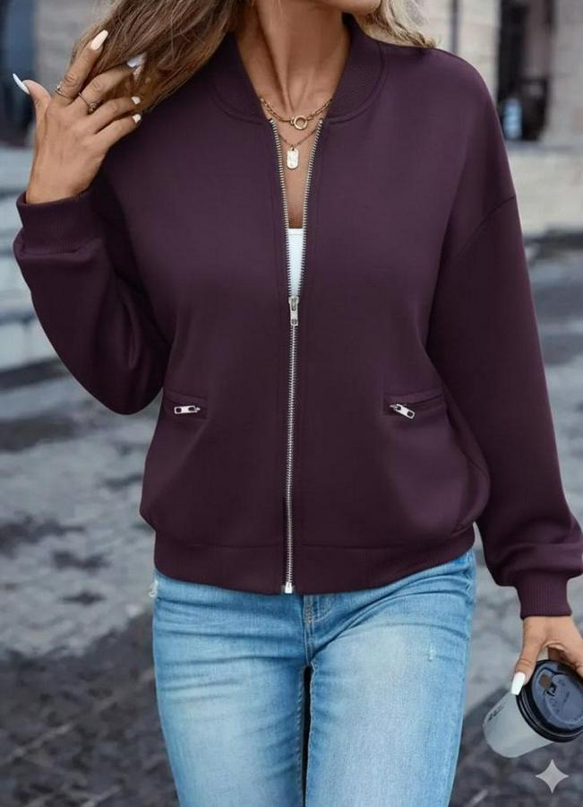 Uzun Kollu Önden Fermuarlı Cepli Modal Mürdüm Ceket