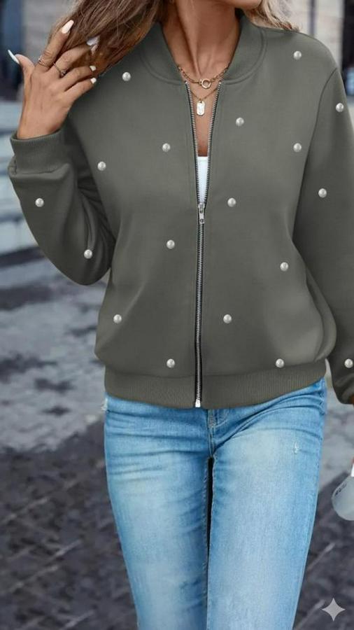 Uzun Kollu Önden Fermuarlı Incili Kısa Modal Ceket