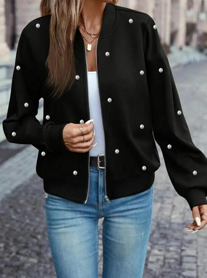 Uzun Kollu Önden Fermuarlı Incili Kısa Modal Ceket