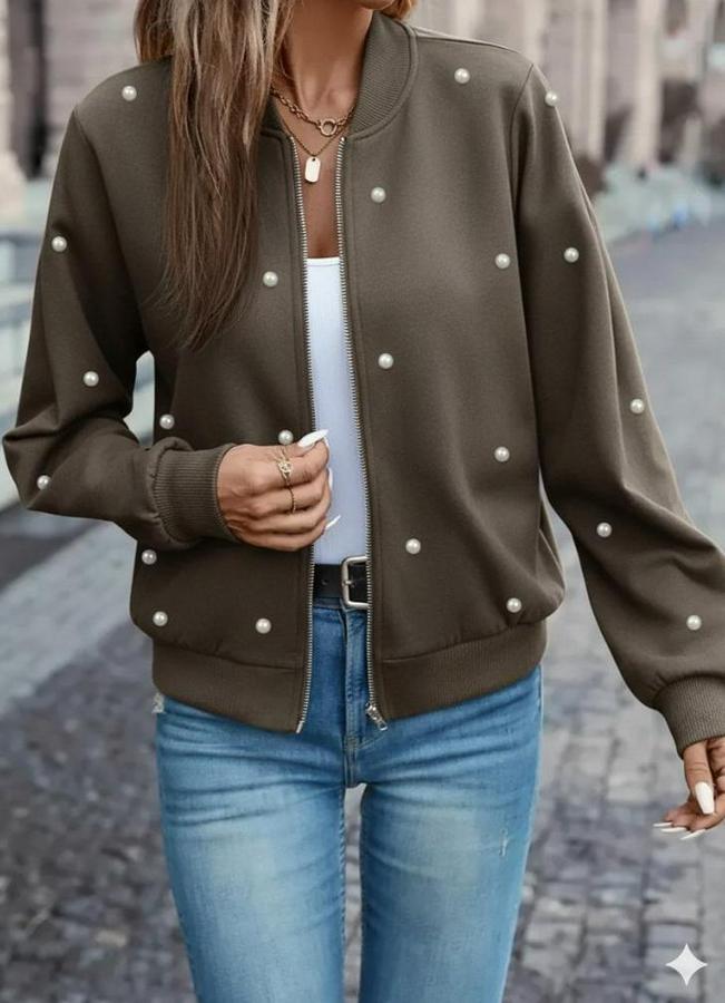 Uzun Kollu Önden Fermuarlı Incili Kısa Modal Ceket
