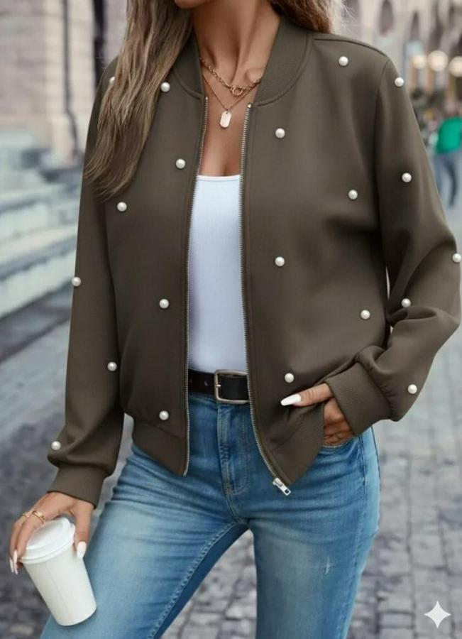 Uzun Kollu Önden Fermuarlı Incili Kısa Modal Ceket