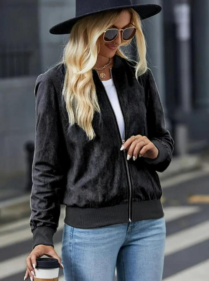 Uzun Kollu Önden Fermuarlı Süet Ceket