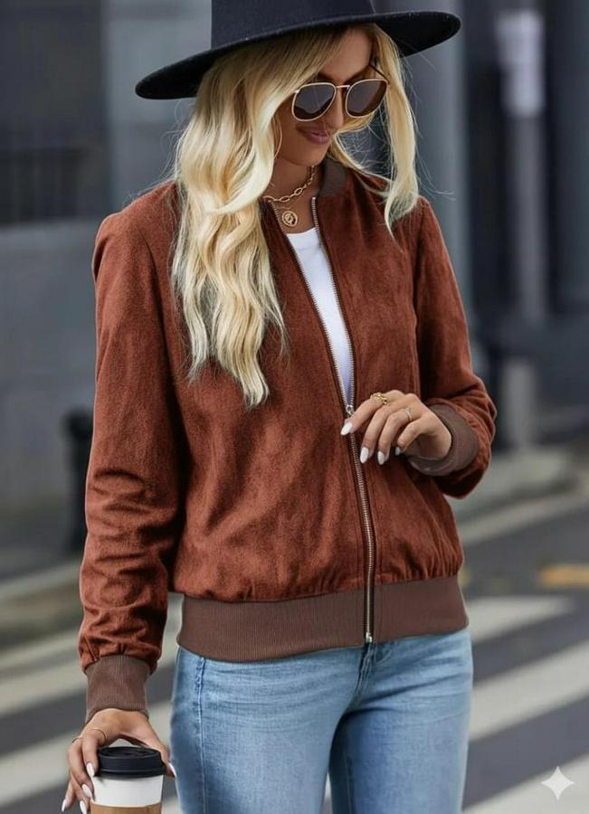 Uzun Kollu Önden Fermuarlı Süet Ceket