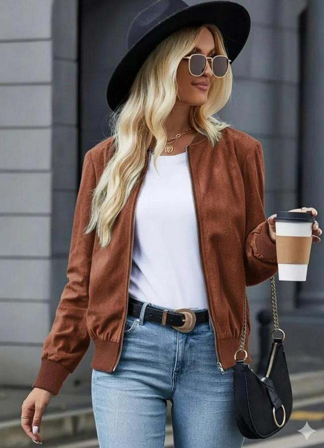 Uzun Kollu Önden Fermuarlı Süet Ceket