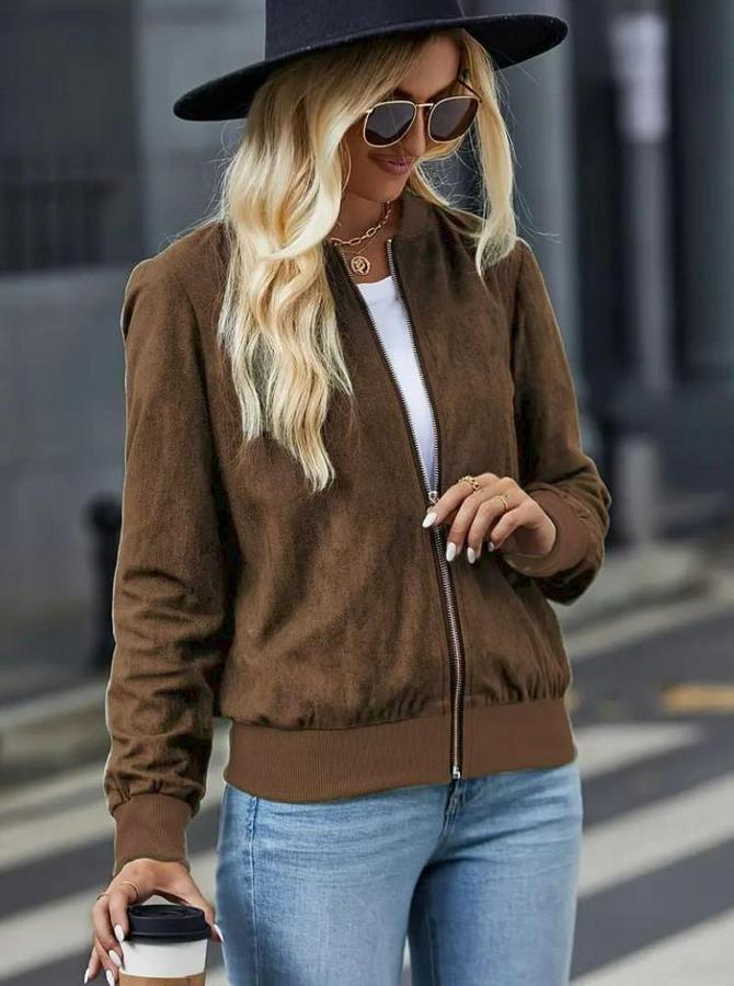 Uzun Kollu Önden Fermuarlı Süet Ceket