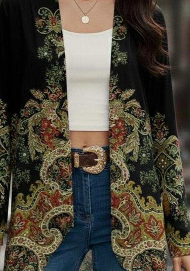 Uzun Kollu Önü Açık Desenli Şardonlu Dalgıç Ceket