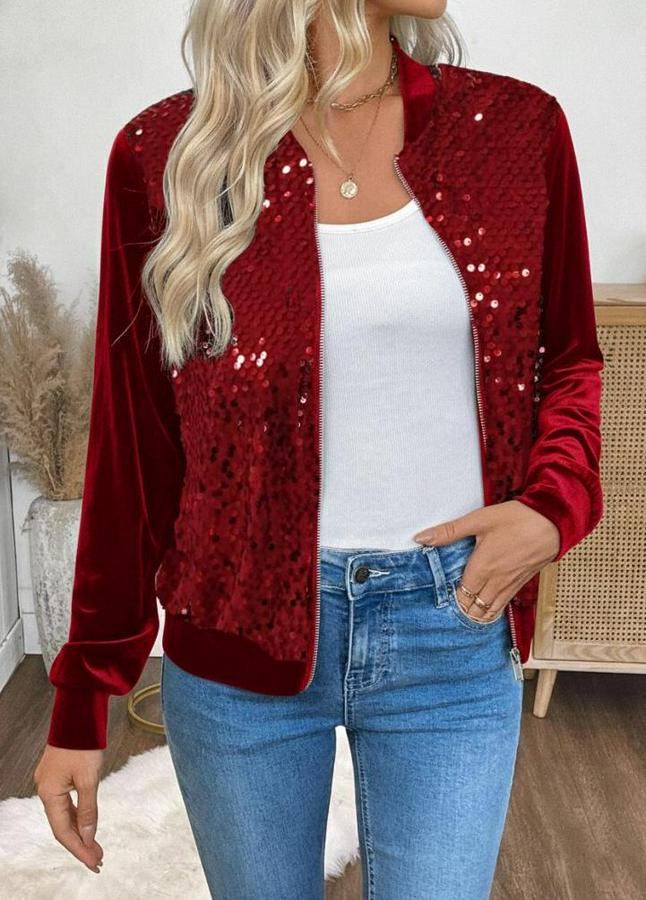 Uzun Kollu Önü Açık Fermuarlı Pulpayetli Kadife Ceket