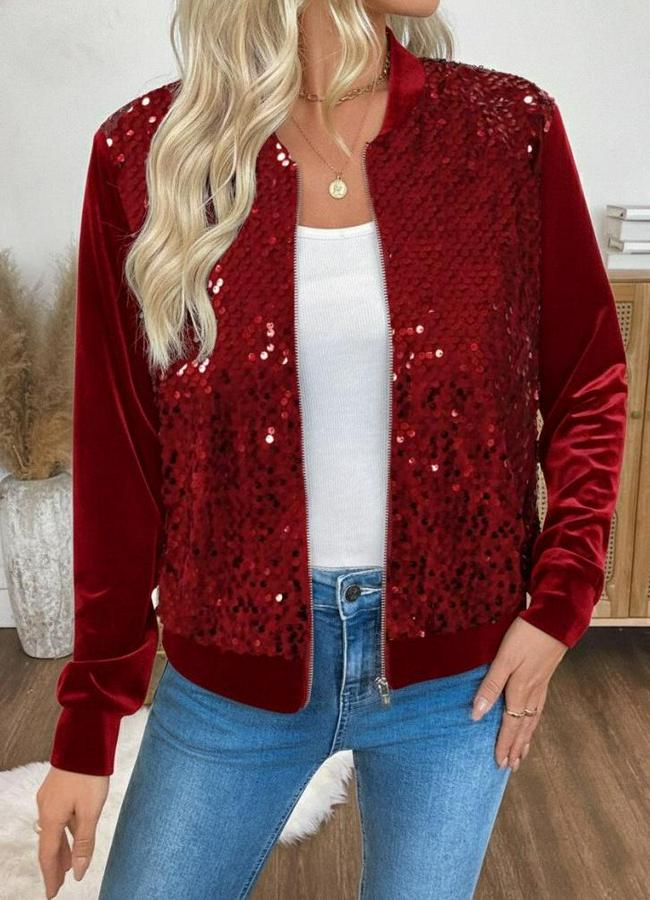 Uzun Kollu Önü Açık Fermuarlı Pulpayetli Kadife Ceket