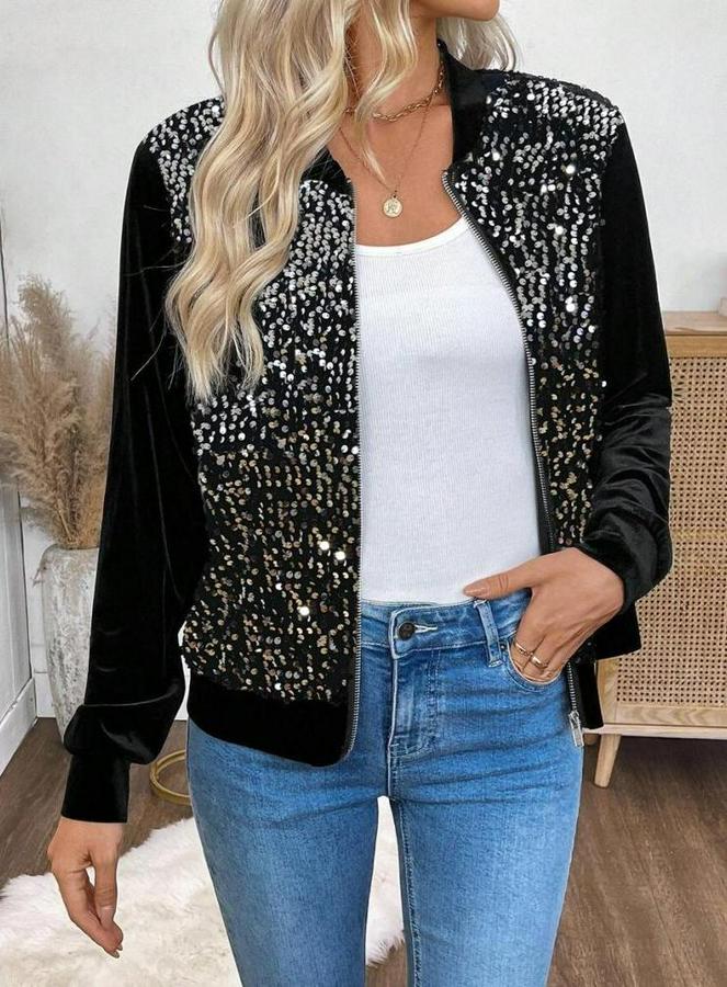 Uzun Kollu Önü Açık Fermuarlı Pulpayetli Kadife Ceket