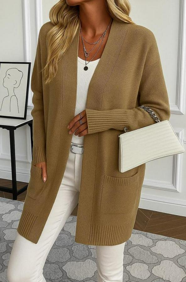 Uzun Kollu Önü Açık Triko Hırka