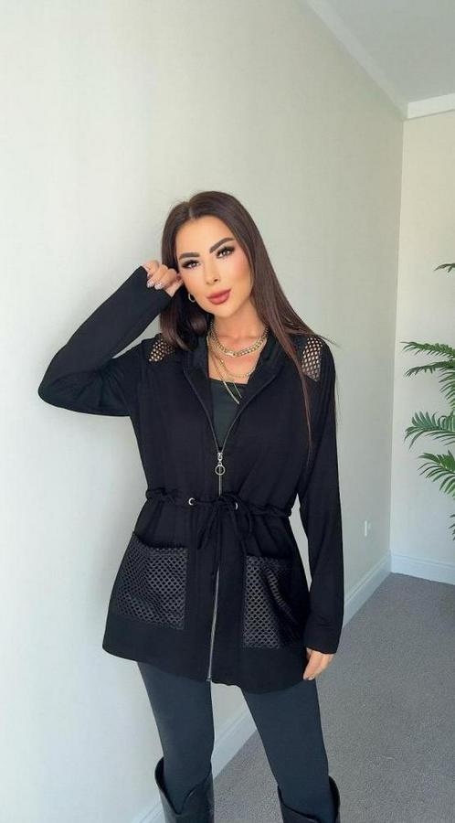 Uzun Kollu Önü Fermuarlı File Detaylı Belden Bağcıklı Kısa Modal Ceket