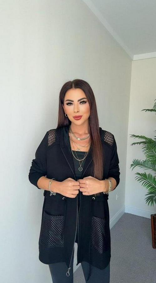 Uzun Kollu Önü Fermuarlı File Detaylı Belden Bağcıklı Kısa Modal Ceket