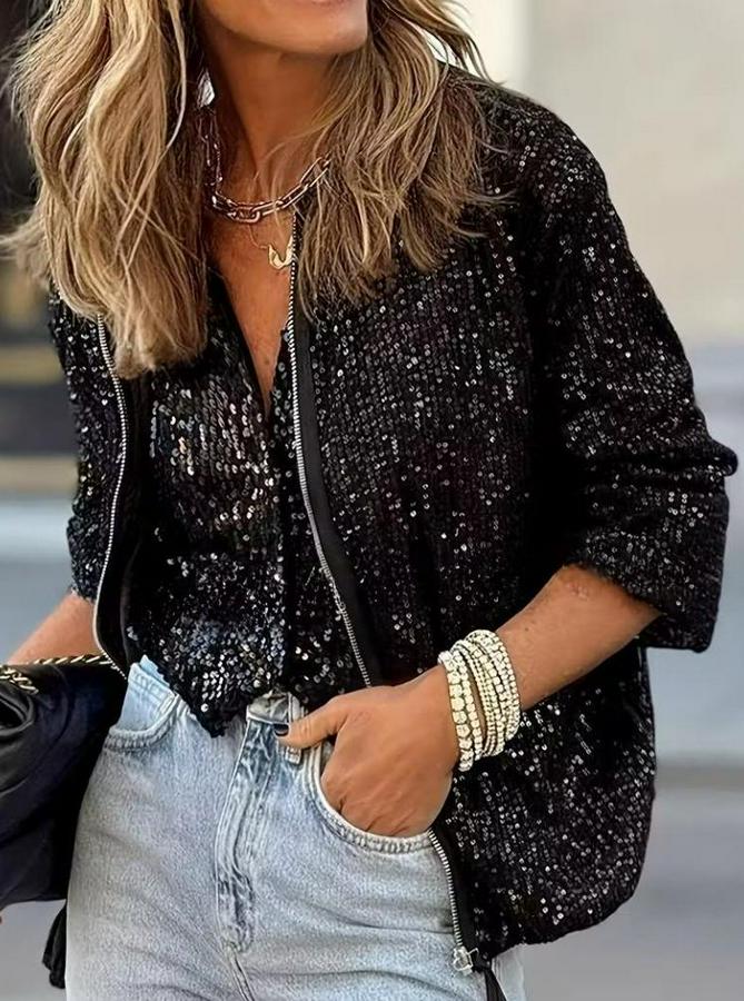 Uzun Kollu Önü Fermuarlı Kısa Pulpayet Ceket