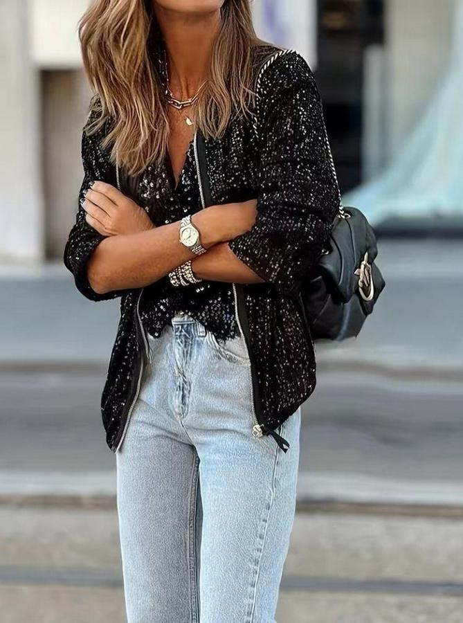 Uzun Kollu Önü Fermuarlı Kısa Pulpayet Ceket