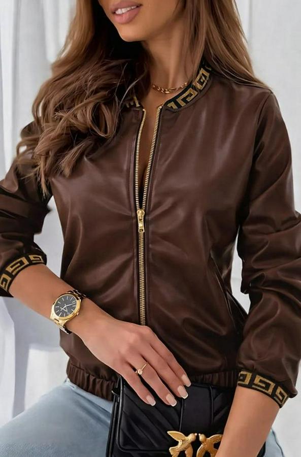 Uzun Kollu Ribanalı Önden Fermuarlı Deri Ceket