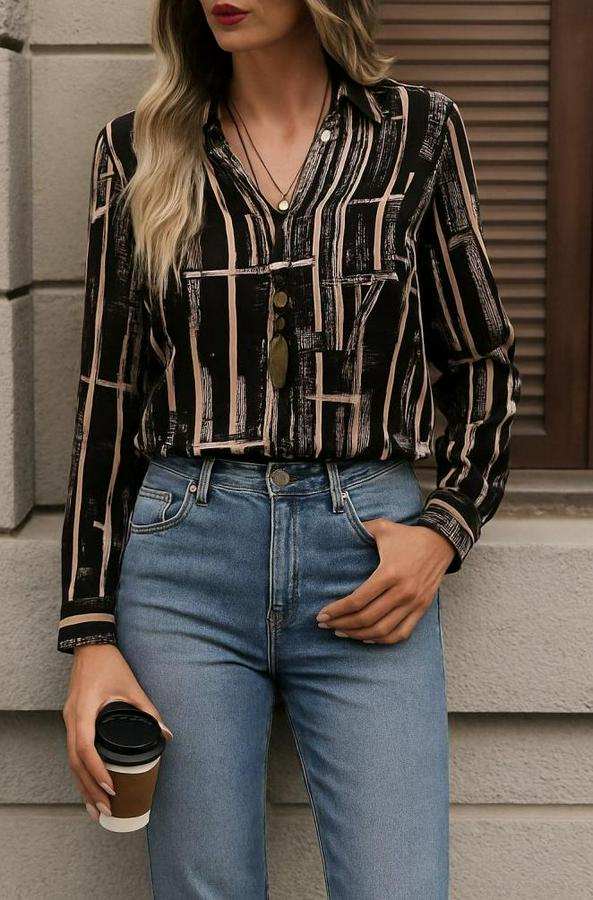 Uzun Kollu V Yakalı Desenli Dalgıç Bluz