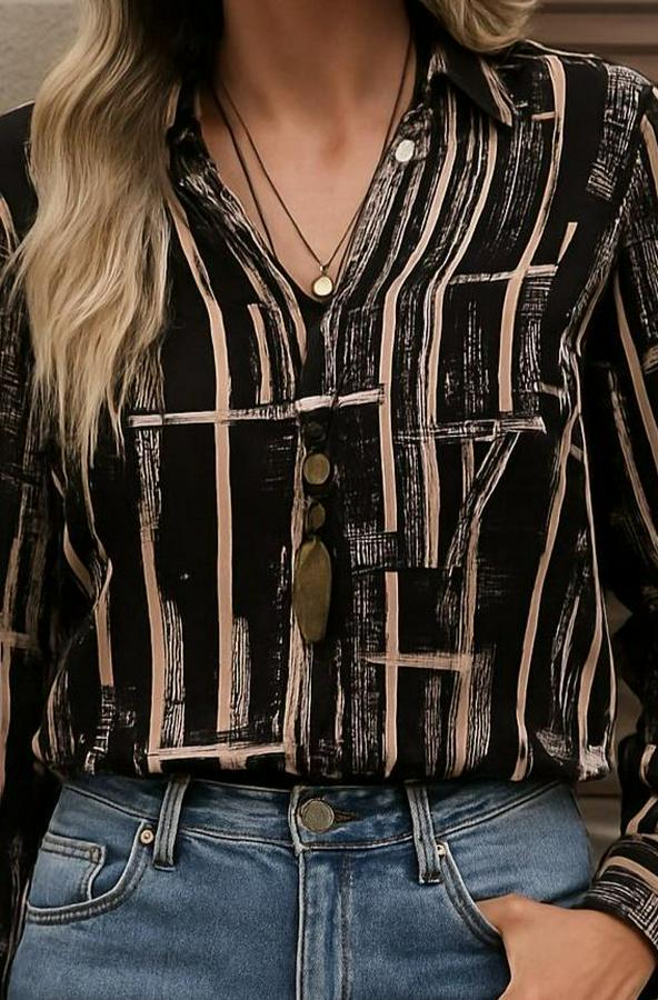 Uzun Kollu V Yakalı Desenli Dalgıç Bluz