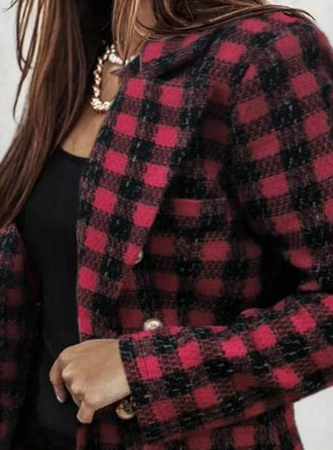Uzun Kollu Yakalı Kare Desenli Ekoseli Düğmeli Ceket