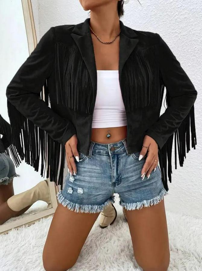 Uzun Kollu Yakalı Kısa Püsküllü Süet Ceket