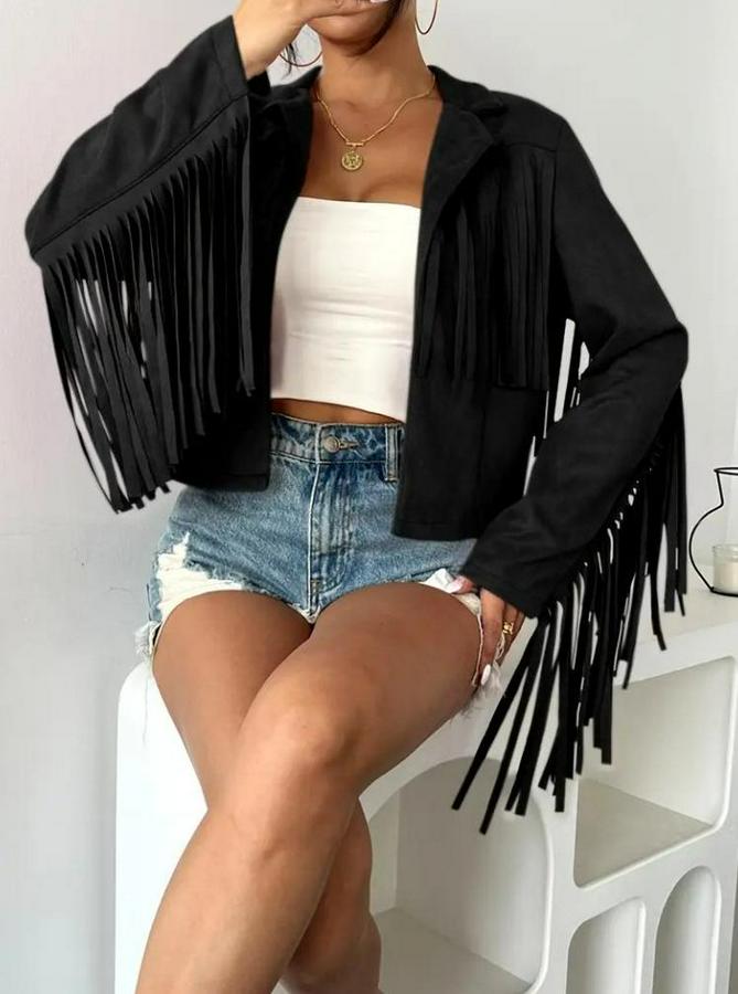 Uzun Kollu Yakalı Kısa Püsküllü Süet Ceket