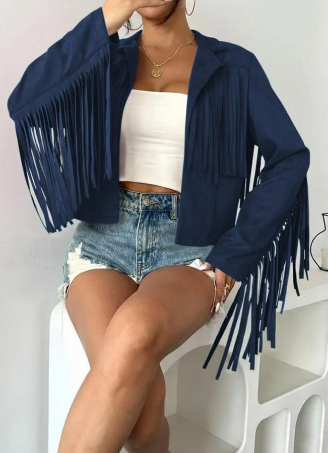 Uzun Kollu Yakalı Kısa Püsküllü Süet Ceket