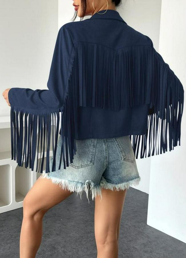 Uzun Kollu Yakalı Kısa Püsküllü Süet Ceket