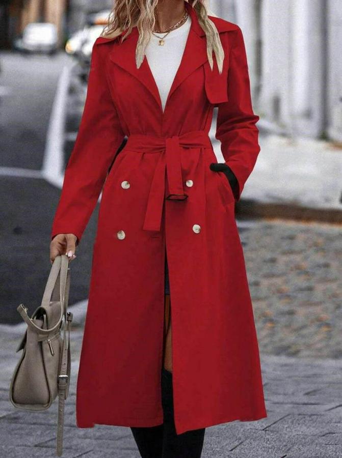 Uzun Kollu Yakalı Önden Düğmeli Beli Kuşaklı Midi Gabardin Trençkot