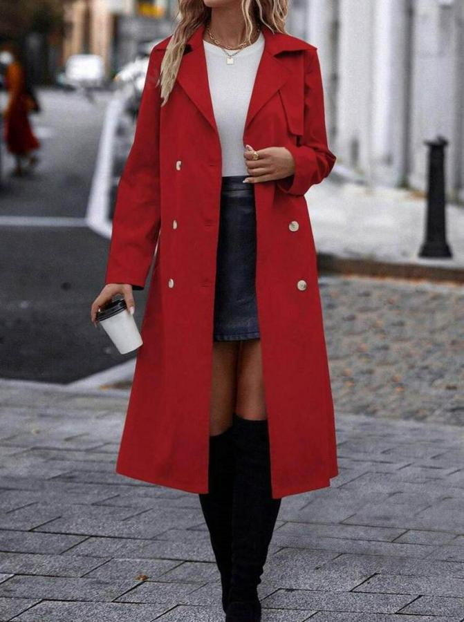 Uzun Kollu Yakalı Önden Düğmeli Beli Kuşaklı Midi Gabardin Trençkot