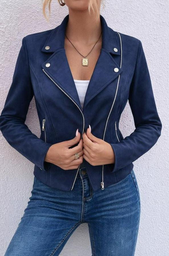 Uzun Kollu Yakalı Önden Fermuarlı Kısa Süet Ceket