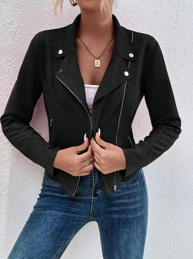 Uzun Kollu Yakalı Önden Fermuarlı Kısa Süet Ceket