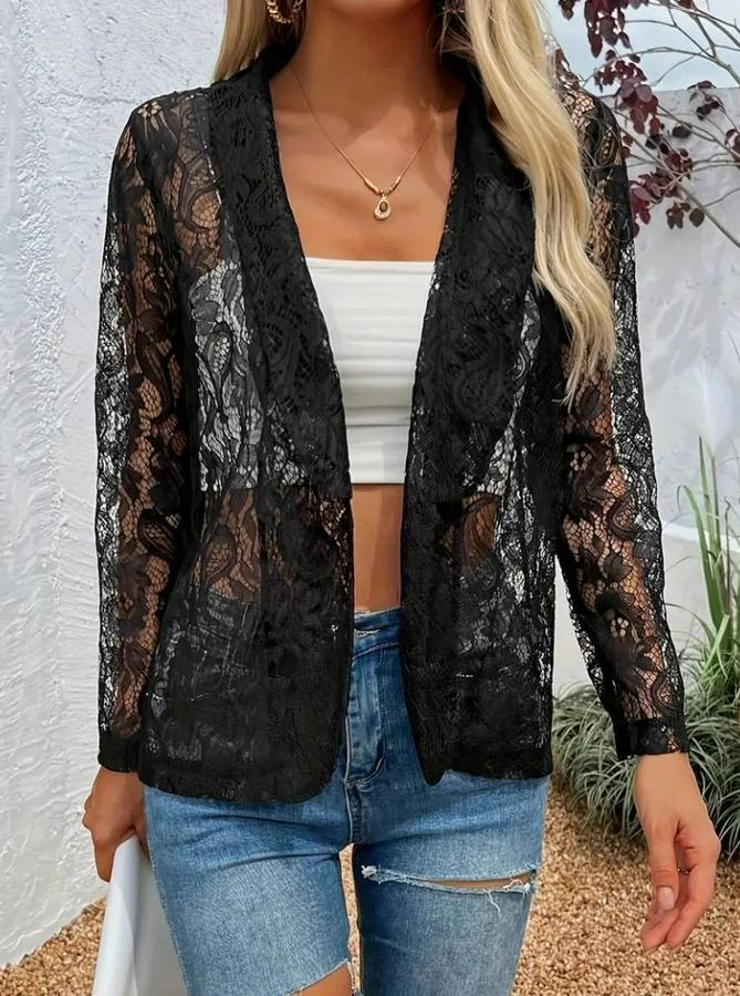 Uzun Kollu Yakalı Önü Açık Dantelli Ceket