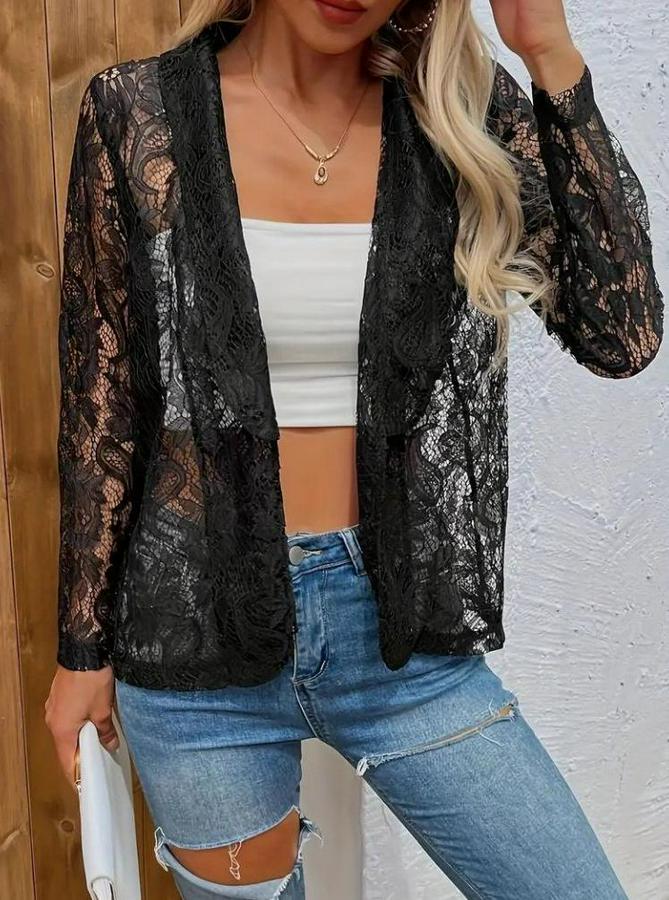 Uzun Kollu Yakalı Önü Açık Dantelli Ceket