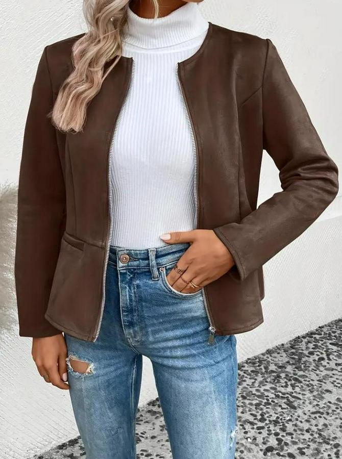 Uzun Kollu Yuvarlak Yaka Önden Fermuarlı Süet Ceket