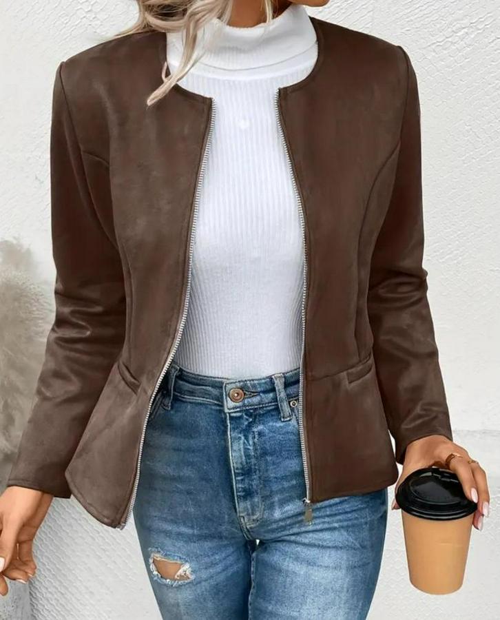 Uzun Kollu Yuvarlak Yaka Önden Fermuarlı Süet Ceket