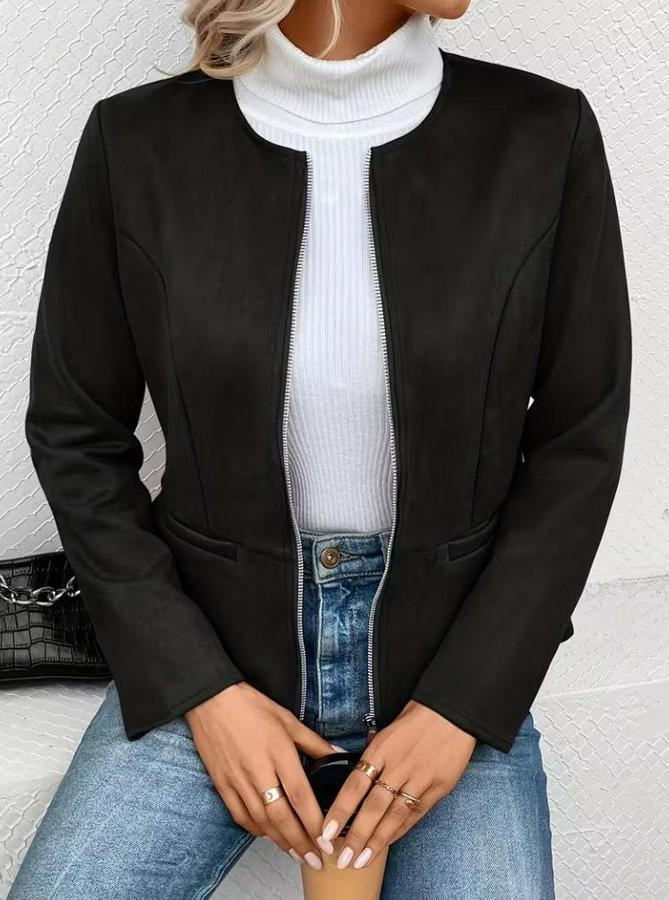 Uzun Kollu Yuvarlak Yaka Önden Fermuarlı Süet Ceket