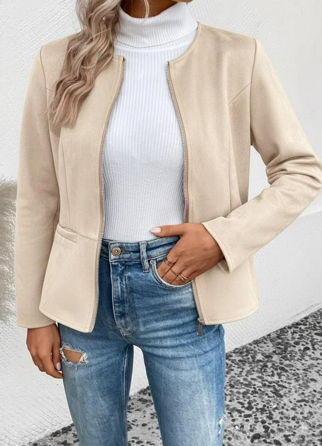 Uzun Kollu Yuvarlak Yaka Önden Fermuarlı Süet Ceket