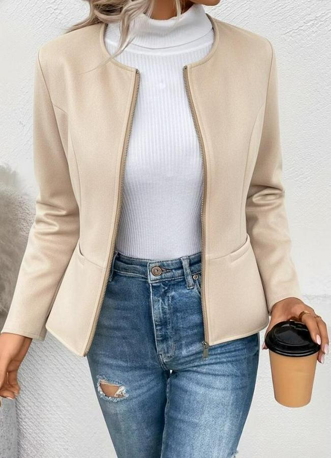 Uzun Kollu Yuvarlak Yaka Önden Fermuarlı Süet Ceket