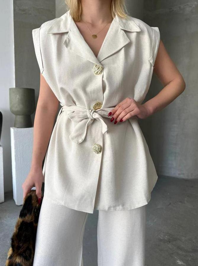 Keten Sıfır Kol Kuşaklı Ceket Pantolon Ikili Takım