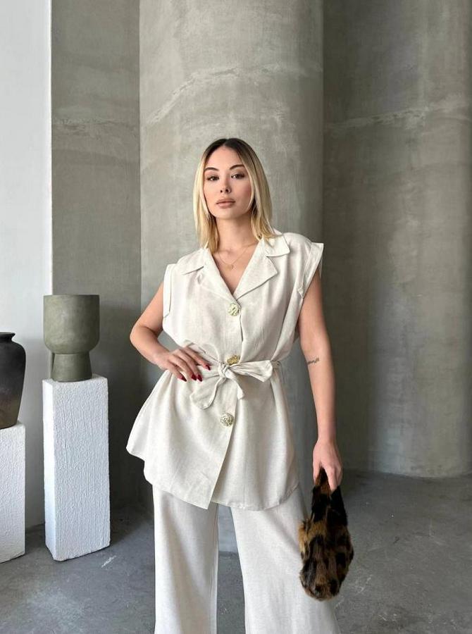 Keten Sıfır Kol Kuşaklı Ceket Pantolon Ikili Takım