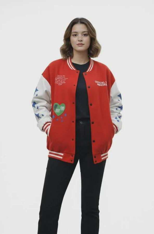 Kırmızı Varsity Çıtçıtlı Baskılı Oversize Kalıp Kolej Ceket