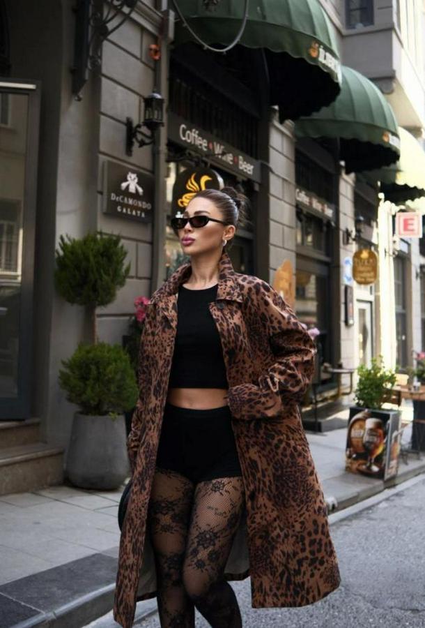 Leopar Desenli Trençkot Ceket Mont
